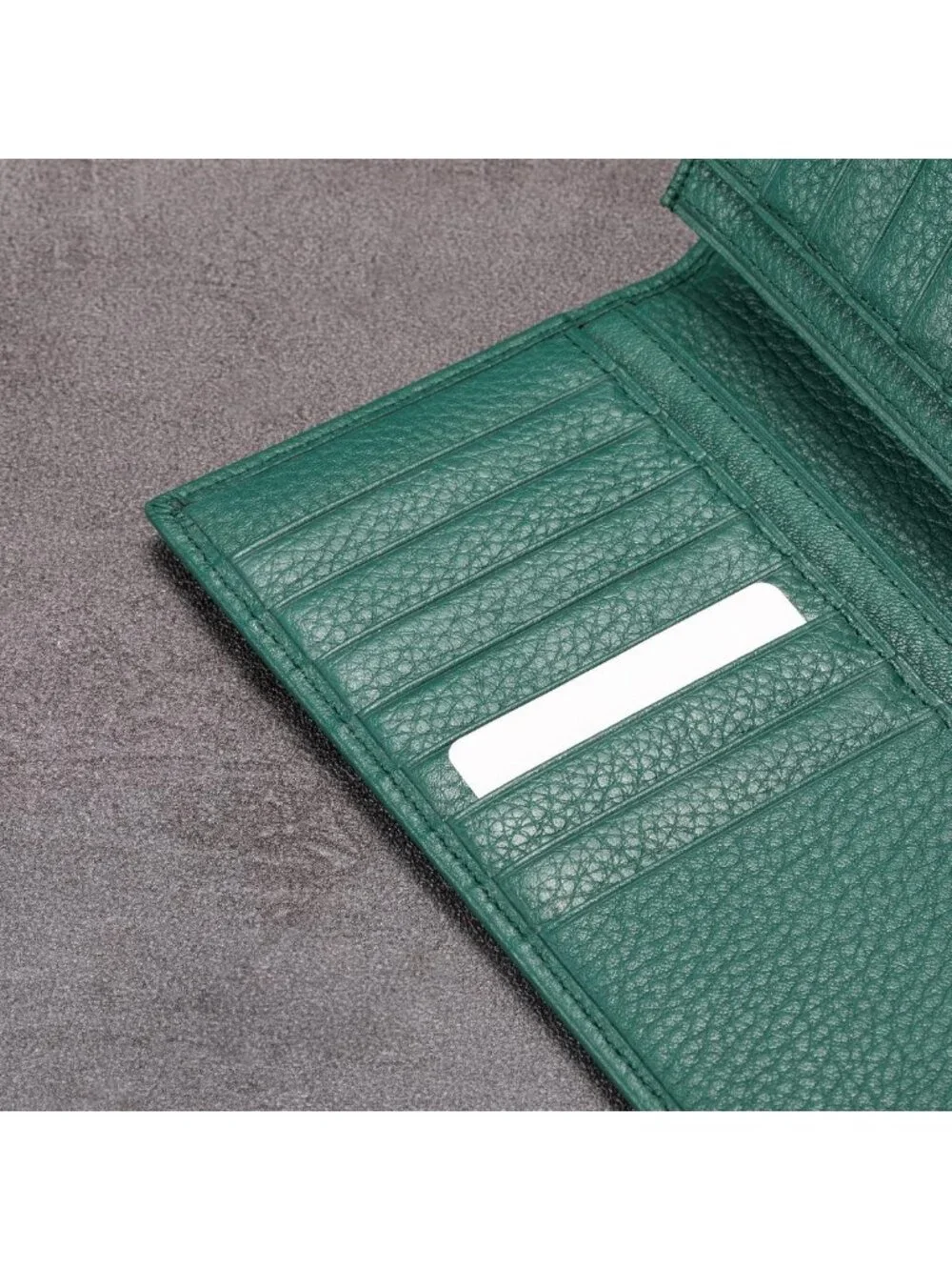 Men's Full Grain Leather Long Wallet - 15 Card Slots, Pebbled Green Design